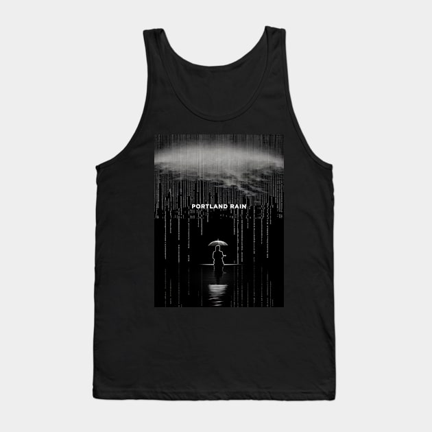 Portland Oregon Winter Rain: A person isolated under an umbrella in the pouring rain on a Dark Background Tank Top by Puff Sumo